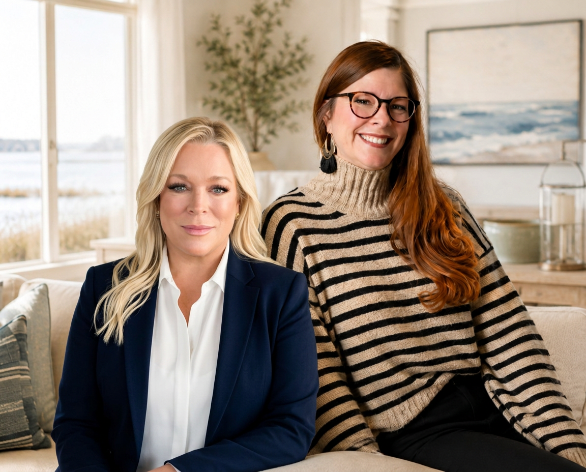 MK and Ashley of Staged To Closed seated together in a bright staged coastal living room