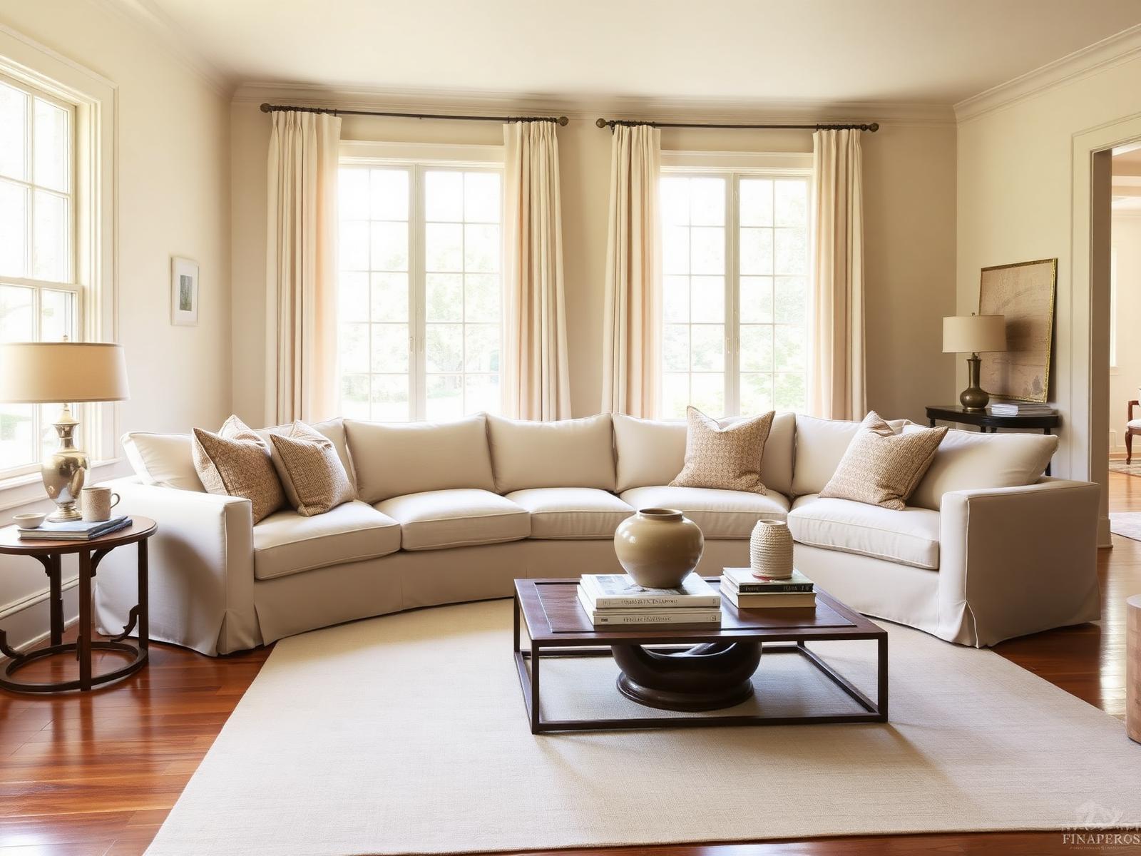 A softly lit staged living room with cream linen sofa and warm neutrals